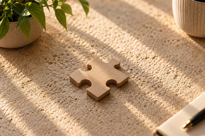 Pièce de puzzle en bois symbolisant un renfort RH ponctuel et adapté aux besoins de l'entreprise