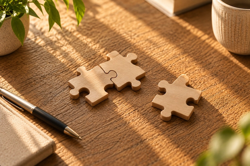 Pièces de puzzle en bois illustrant la complémentarité des compétences en ressources humaines